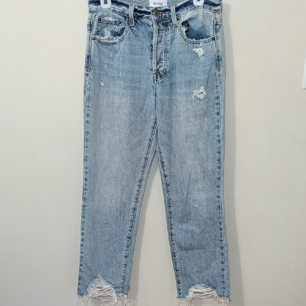 Pistola Charlie High Rise Straight in Blue Skies Raw Hem Women's Size 26